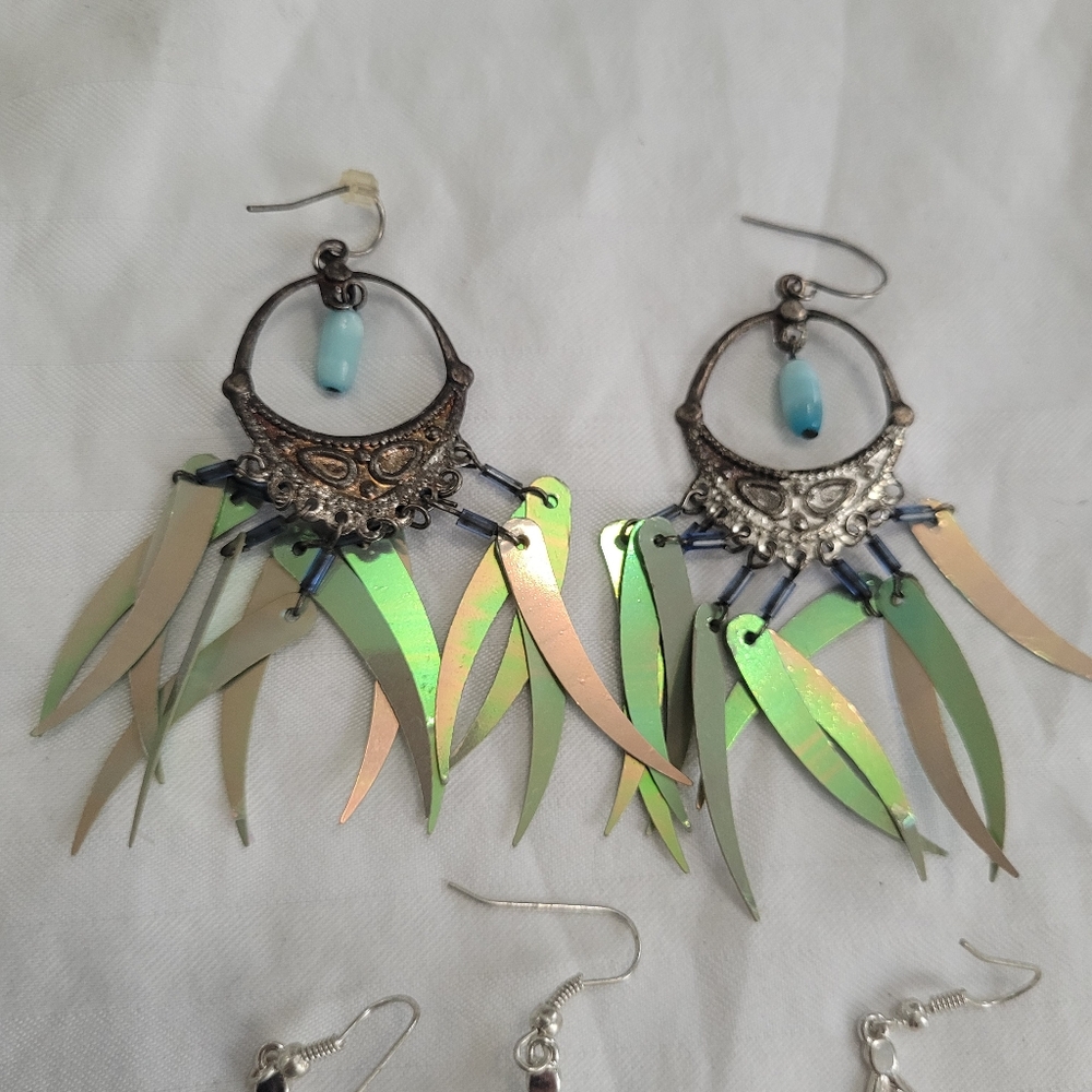 Lot of 5 Y2K Peacock Blue Turquoise Silver Toned Dangle Earrings Bundle - Picture 3 of 7